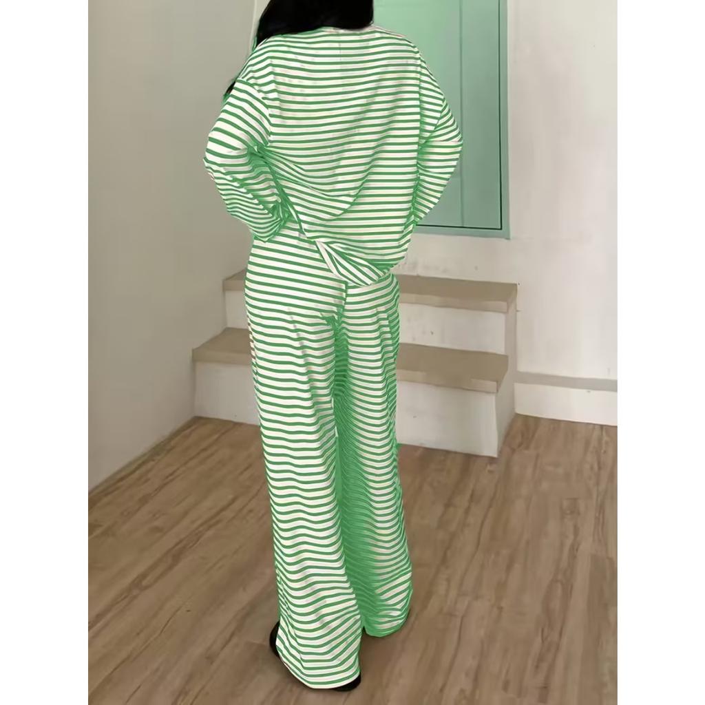 Women's Solid Color Simple Striped Pajama Set, Adjustable Drawstring Pants and Contrasting Round Leader Top Combination
