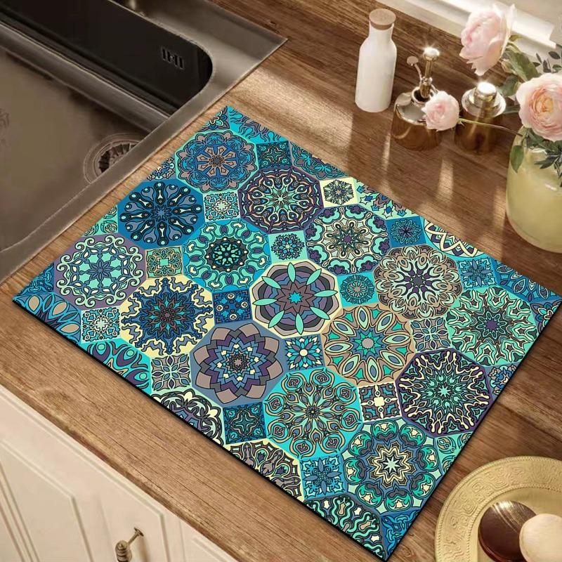 Retro Persian Pattern Drain Mat Fridge Top Non-slip Diatom Protector Mat Coffee Drain Pad Table Placemats for Home Decoration