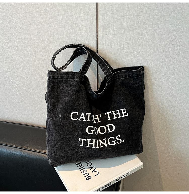 

Women s Fashion Handbag Street Trend Letter Large Capacity Tote Bag Women s Large Capacity Denim Bag чёрный