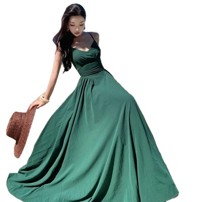 Sexy strap backless suspender dress women's summer vacation dress slim waist skirt design sense a word long dress