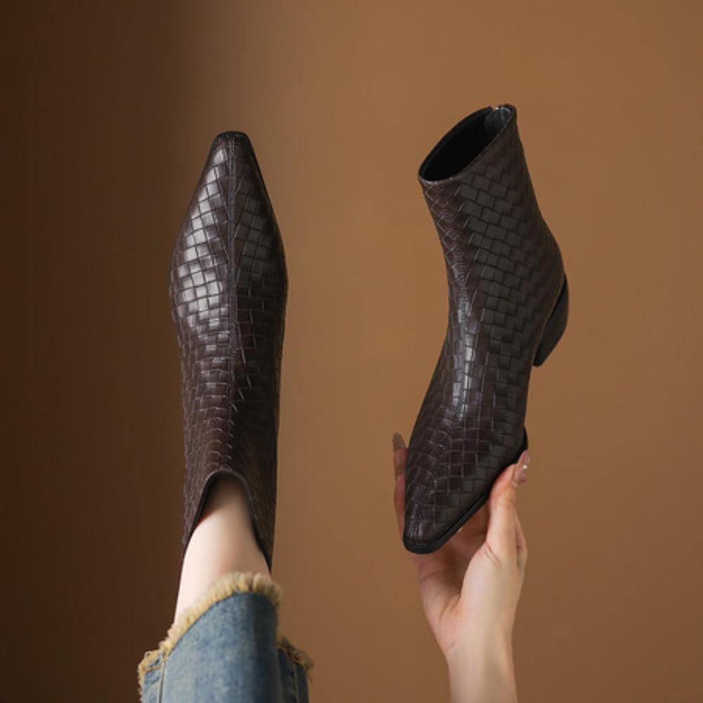 Handmade Cowhide Autumn And Winter Square Head Woven Loose Sleeve Wedge Ankle Boots Women'S Modern Boots Women High Heel