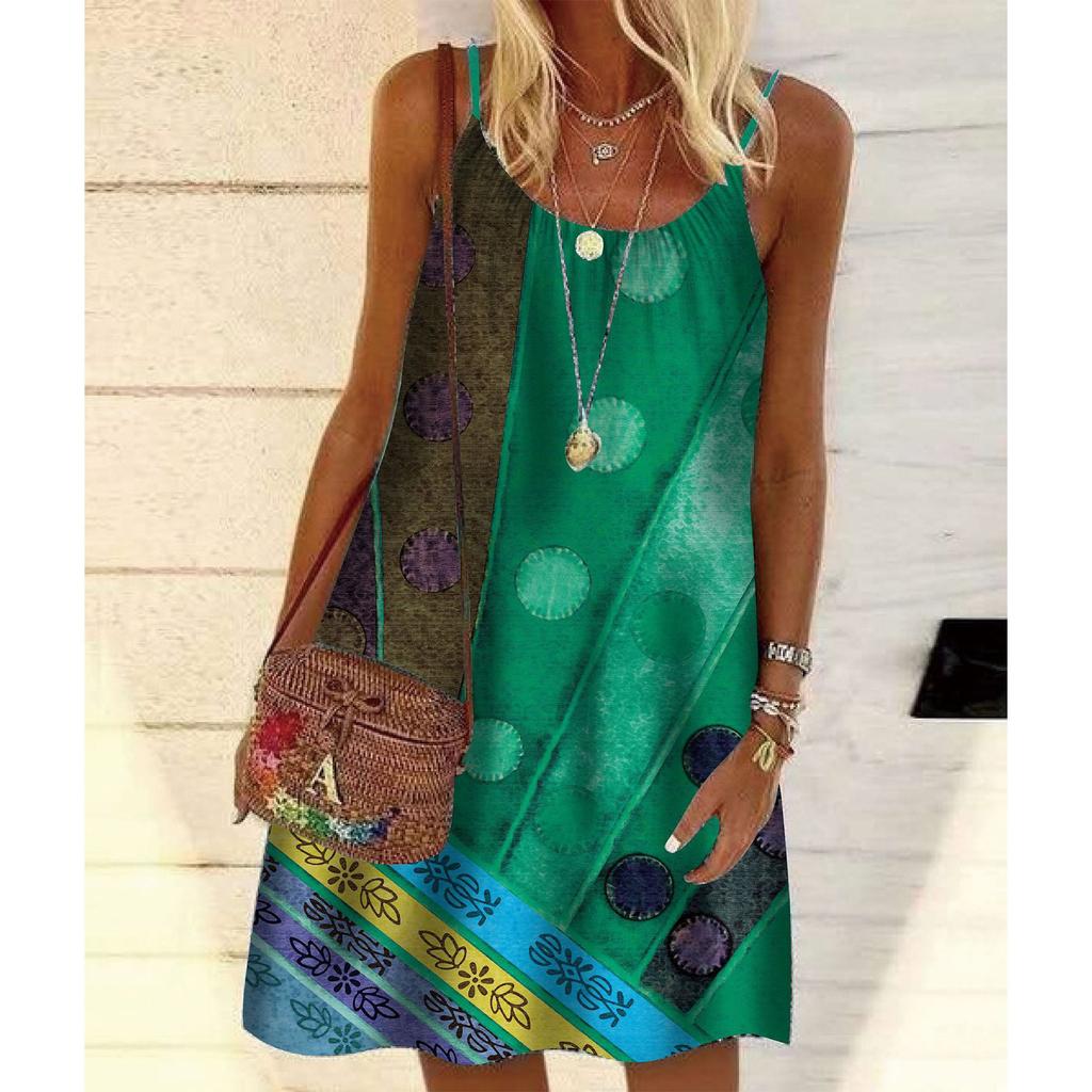 Women's Fashion Retro Multicolor Printed Loose Pullover Suspender Dress