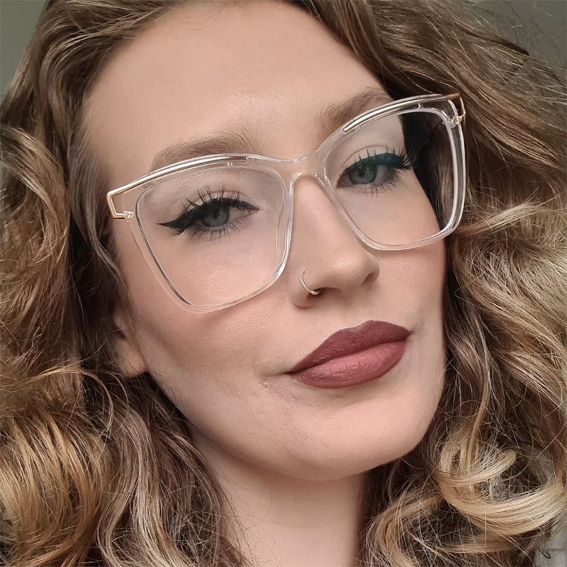 Women's metal large frame hollow TR90 glasses frame Fashionable personality plain makeup anti-blue light glasses