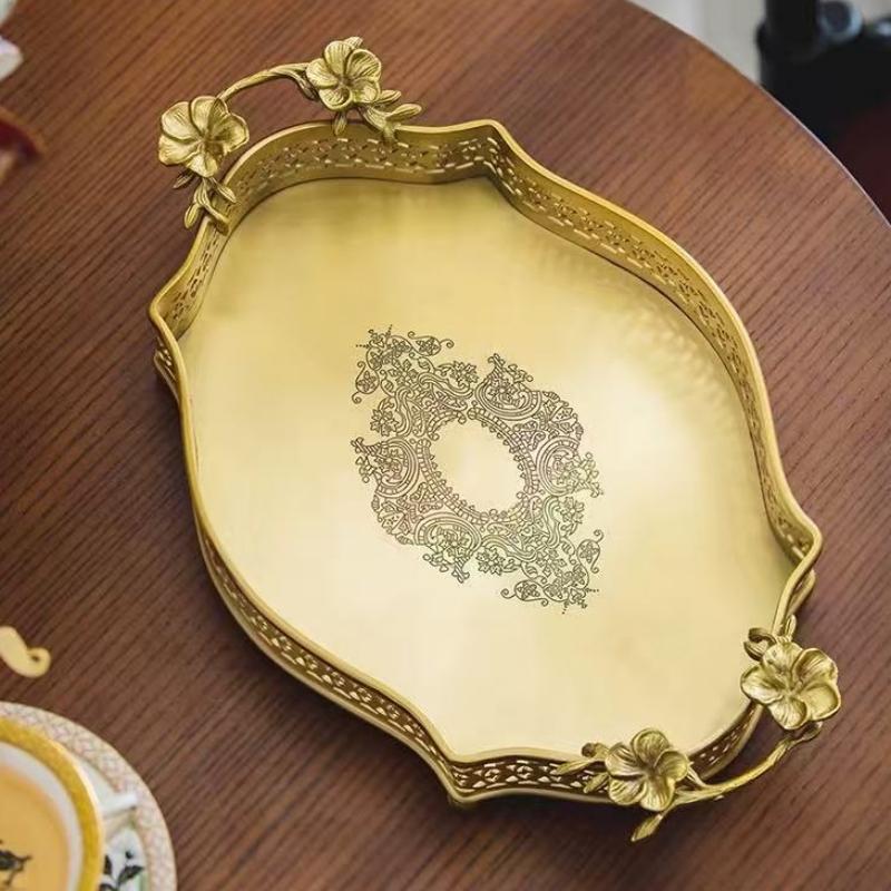 Engraving Brass Fruit Tray,Retro Exquisite European Household Portable Food Plate ,Snack Plate Home Table Wedding Decoration