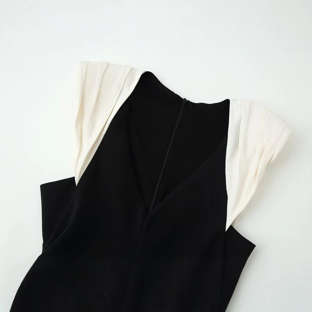 Summer new French sleeveless contrasting color splicing deep V-neck waist-wrapped hip-wrapped thin dress