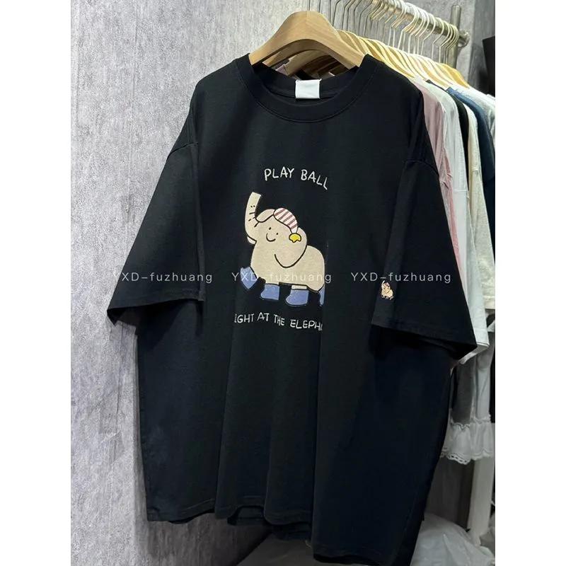 Cartoon Elephant Print Short Sleeve T Shirt Loose Casual Crew Neck Top