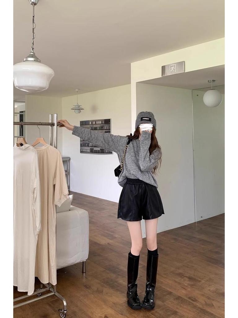 Women's High Waist A-Line PU Leather Shorts 2025 - Slimming, Elastic Waist, Wide-Leg Bootcut for Spring and Autumn.