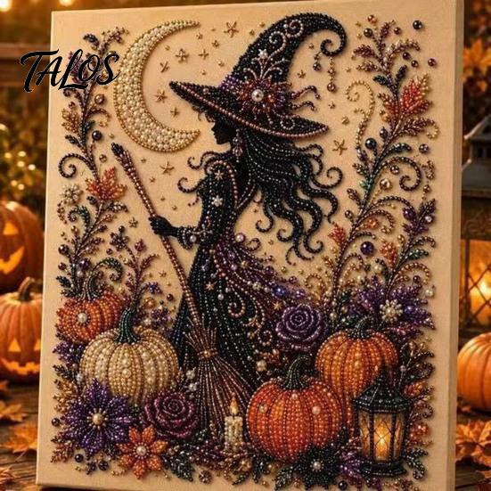 Decorative Hanging Pictures for Halloween Ghost Faux Pearl Art DIY Kit with Frame, Cat Painting Easy Projects Beginners Kit, 3D Witch Pumpkin
