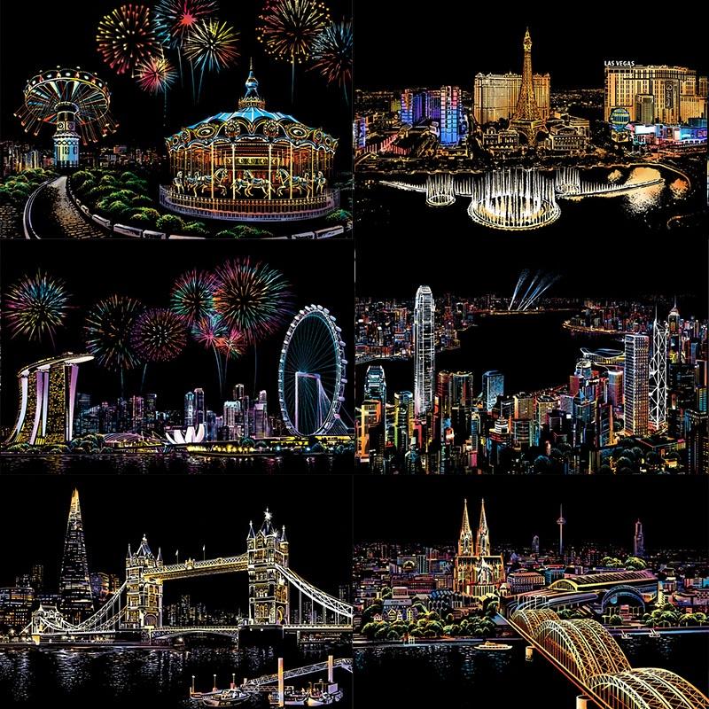 Tablero de Papel para Pintar Paisaje Nocturno con Arte Mágico Rasca Premium Para Actividades Educativas Atractivas