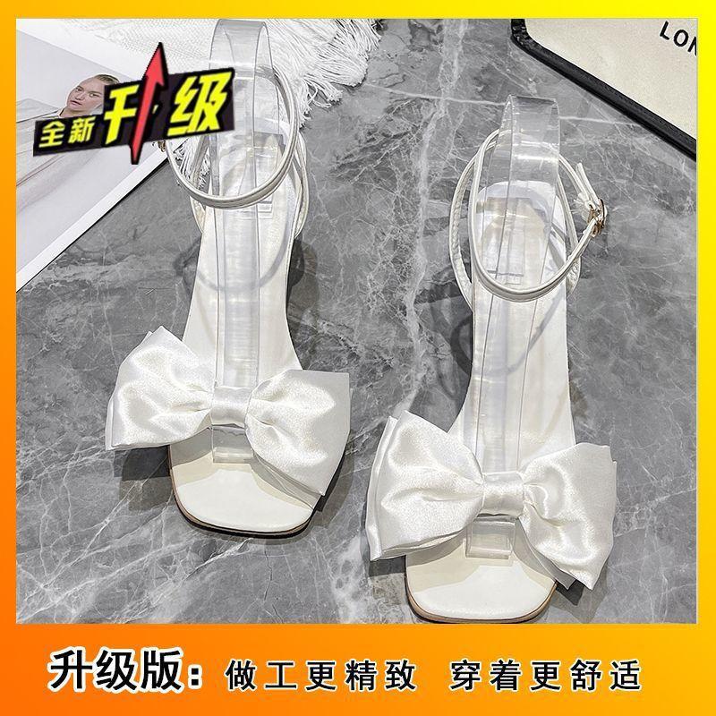 Cute and Sweet Square Head Versatile Bow Sandals 2025 Summer New Niche One-word Belt Lightweight High Heels Women