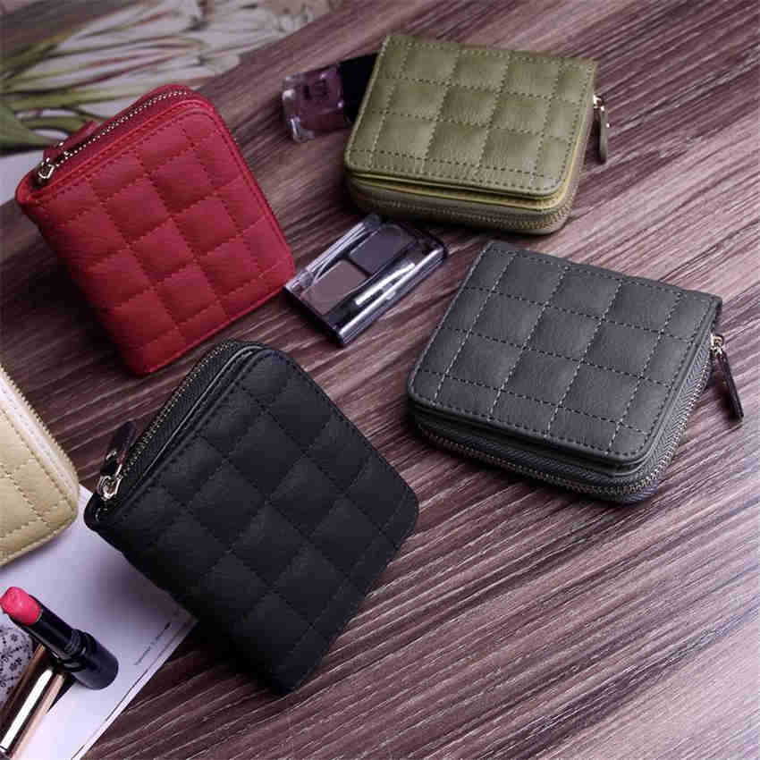 Females Short Wallets PU Leather Plaid Purses Card Holder Wallet Zipper Wallet Coin Purse