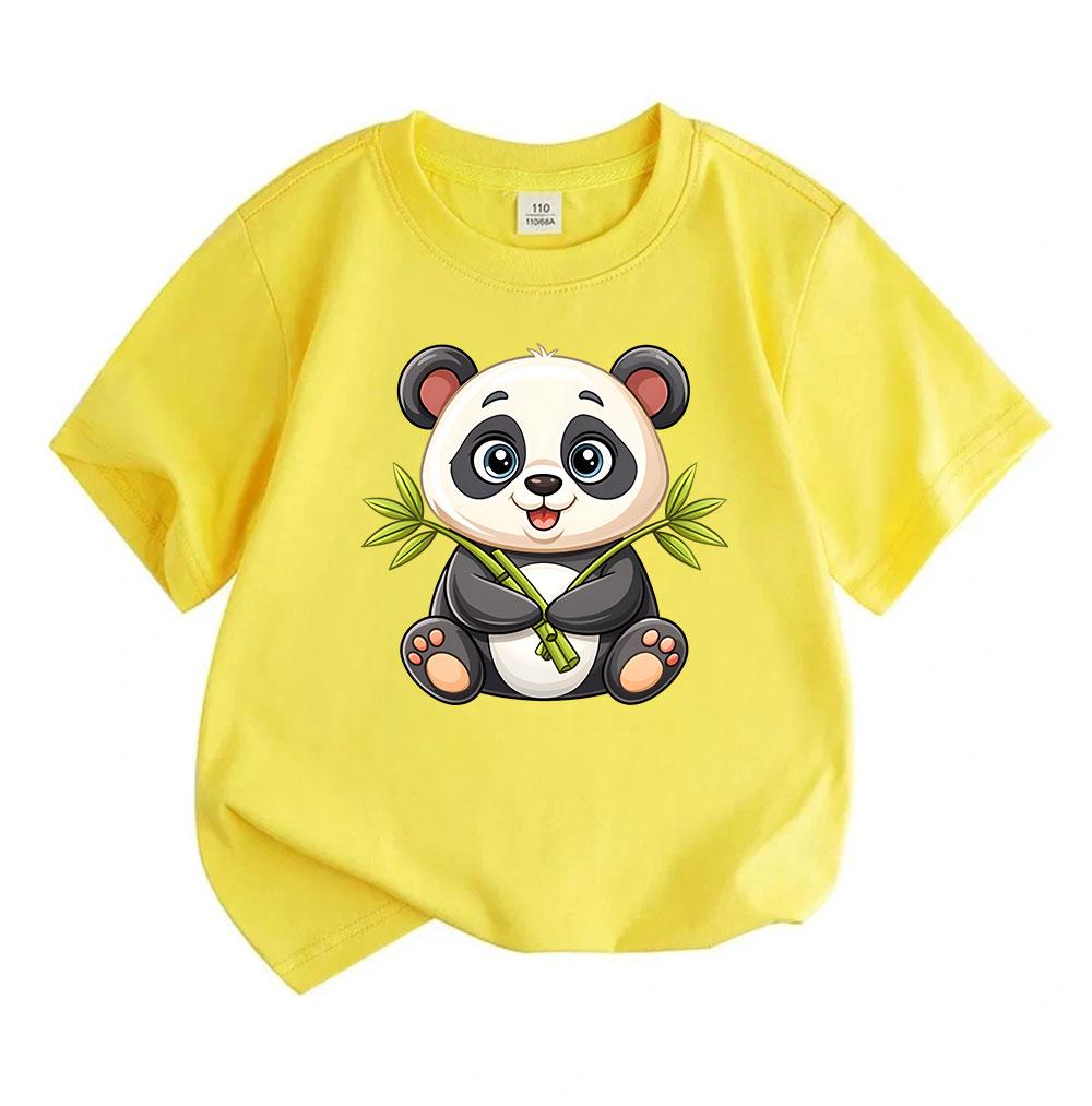 Cute Cartoon Panda Holding Bamboo Kids 100% Cotton Crew Neck Short Sleeve T-Shirt for Boys Girls Casual Soft Breathable Summer Animal Pattern Printed