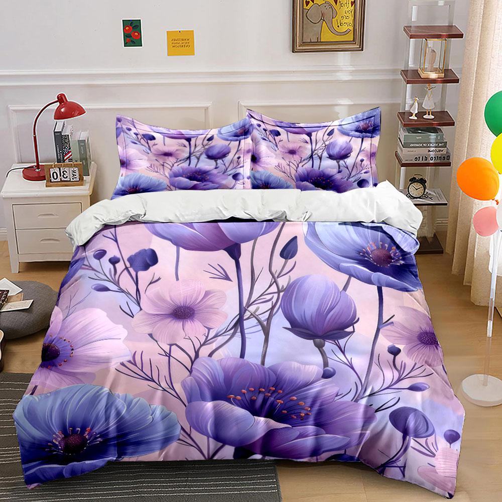 Elegant Purple Floral Three-Piece Set Kid'S And Adults' Bedroom Decor, Exquisite Three-Piece Bedding Set Gift