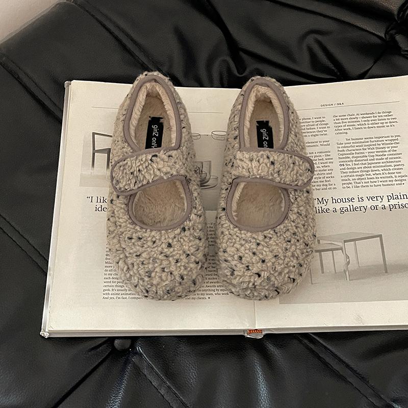

Warm Cotton Women Flats Shoes Comfort Soft Sole Short Plush Mary Jane Shoes Outdoor Furry Shoes For Autumn Winter 35