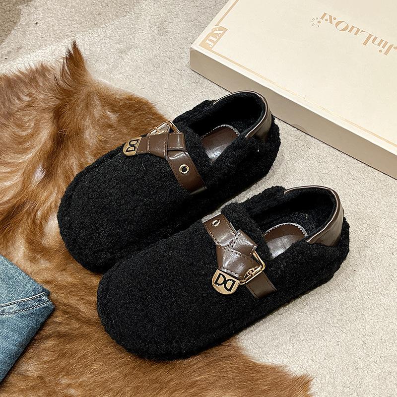 Winter 2025 new suede round head rubber artificial short plush bag heel plush cotton shoes women's cotton slippers thickened