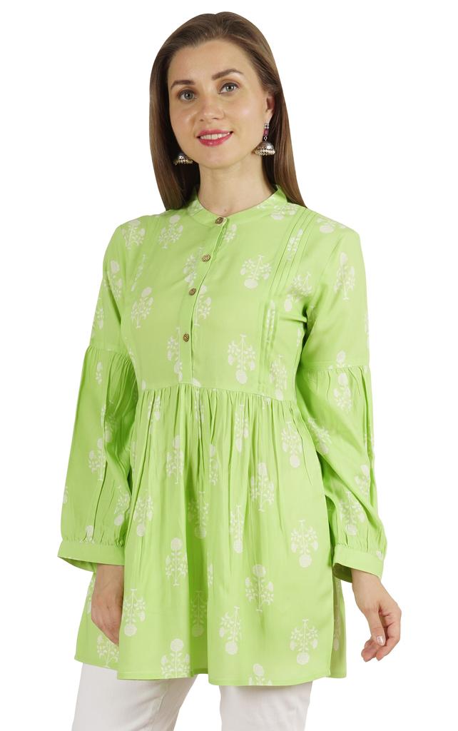 Moomaya Printed Womens Full Sleeve Tunic Mandarin Collar Fit & Flare Long