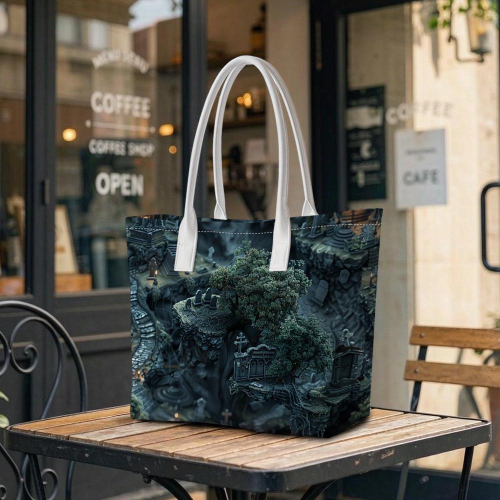 Gothic Cemetery Print Tote Bag Fashion Dark Style Portable Daily Commute Bag for Women Lightweight Casual Shopping Shoulder Bag