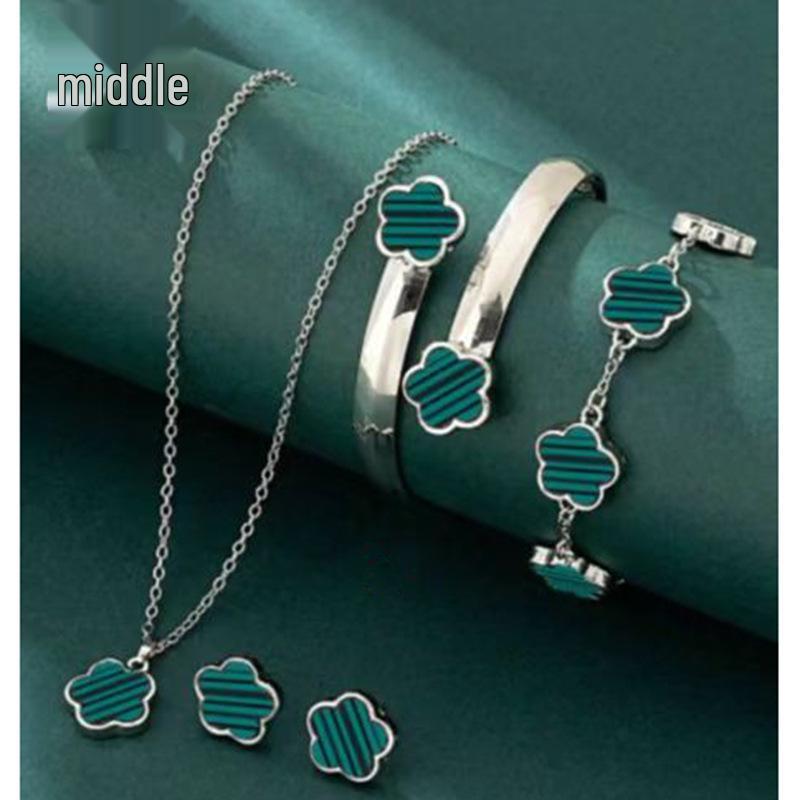 European Elegance: Five-Petal Flower Jewelry Set (Necklace, Bracelet, Bangle, Earrings, Ring)