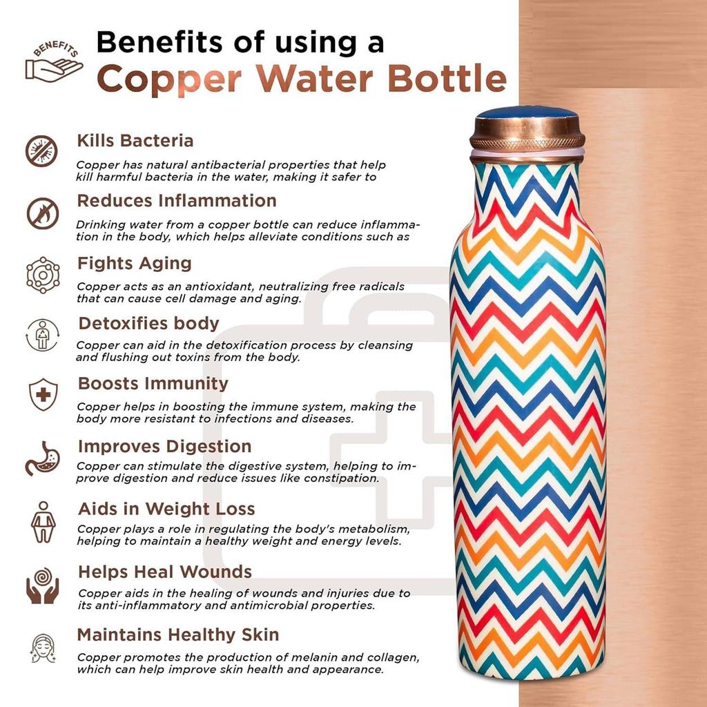 Pure Copper Water Bottle 1 Litre Alkaline and Anti Oxidant 100% Leak Proof, Office, Gym Bottle (Chevron, MultiColor)