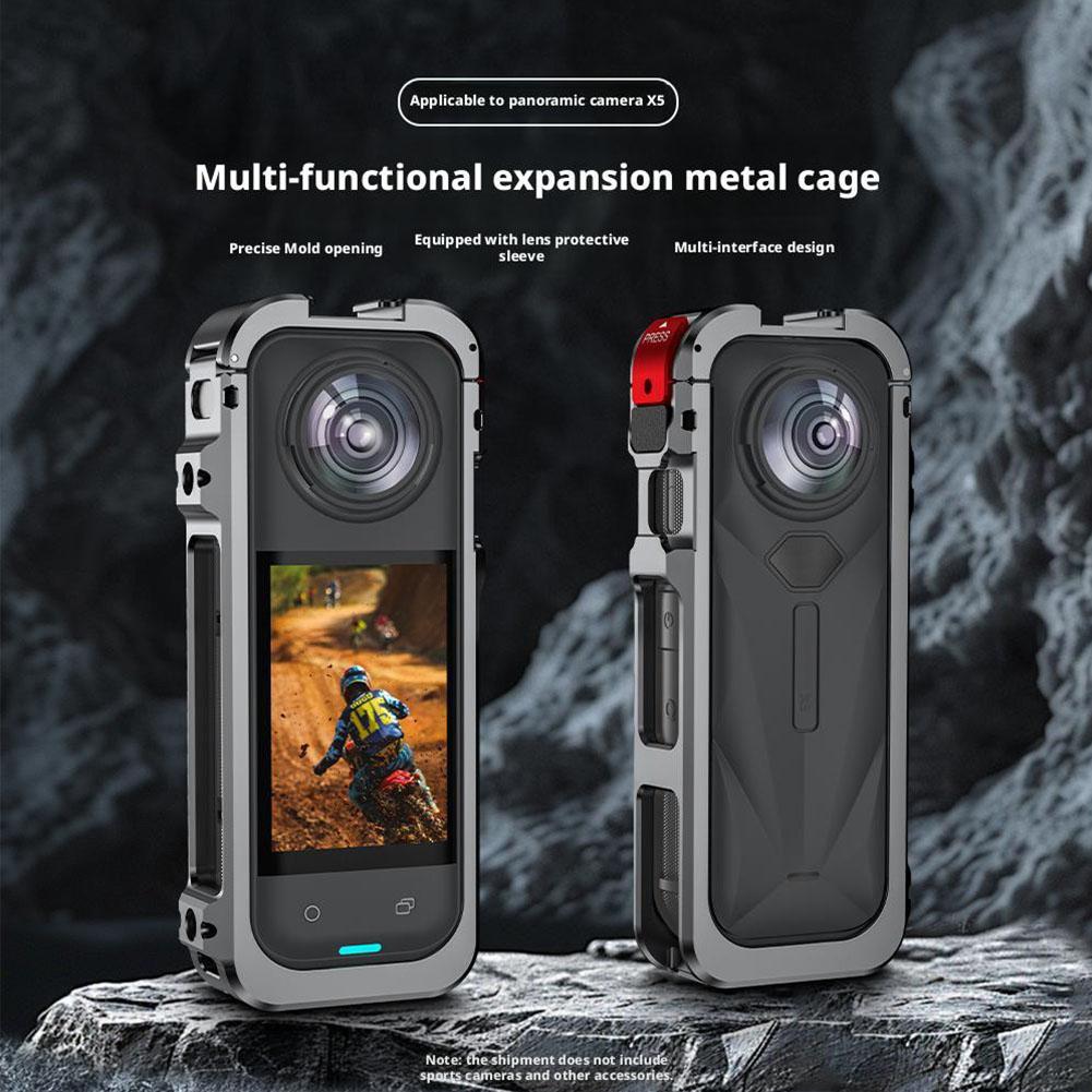 Metal Cage With Silicone Lens Cover For Insta360 X5 Camera Mount Bracket Frame Rabbit Cage With Cold Shoe and 1/4" Threads