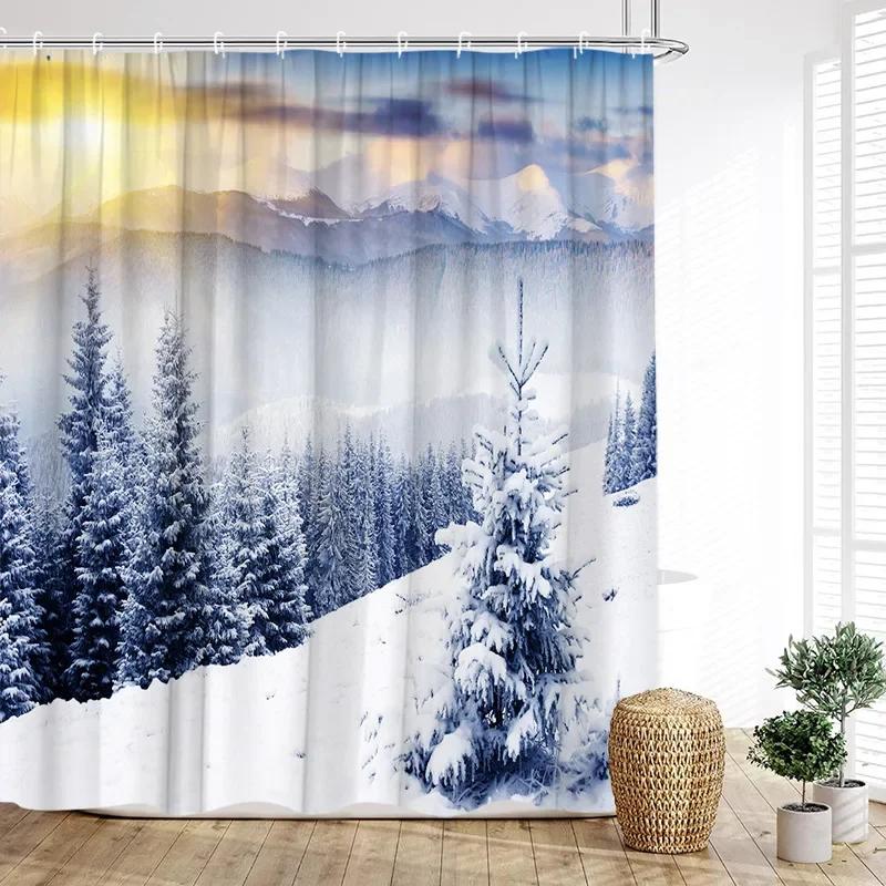 Christmas Reindeer Shower Curtain Winter Xmas Trees Full Moon Moose New Year Home Bathroom Decoration Bath Curtains