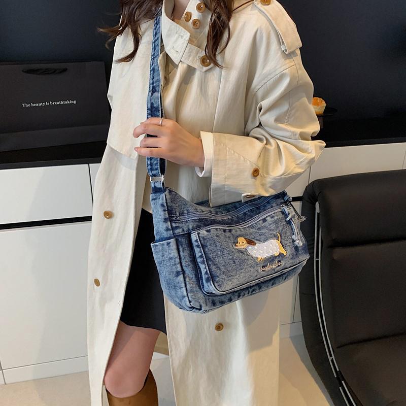 Denim Vintage Shoulder Bag Women Embroidered Cat Crossbody Bag