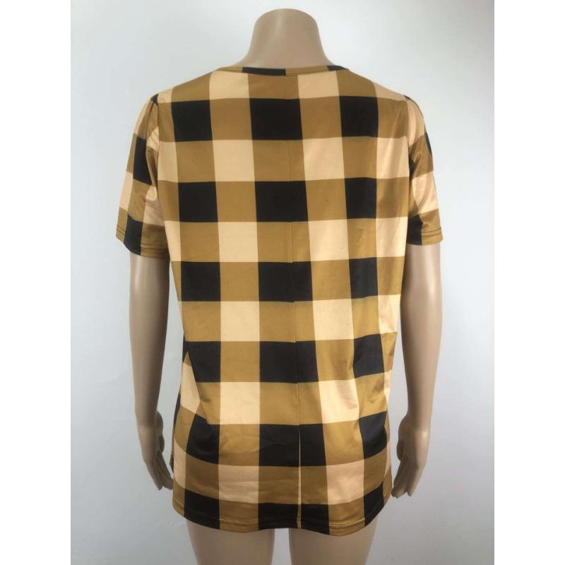 Summer Women's T-shirt Plaid Printed Round Neck Loose Milk Silk Plus Size Tops