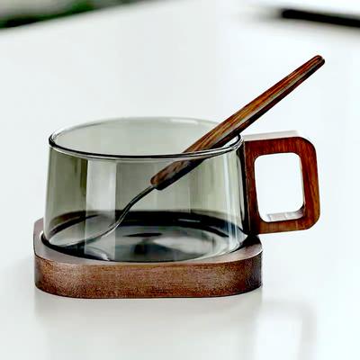 200 ml American Latte Kaffeetasse aus Glas mit Holztablett und Löffel, hitzebeständig, Milchteetasse, frisch gemahlene Kaffeetasse