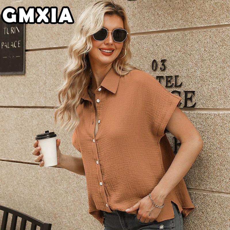 GMXIA Women's Fashion Casual Leisure Solid Color Print Short Sleeve POLO Neck Blouses & Shirts