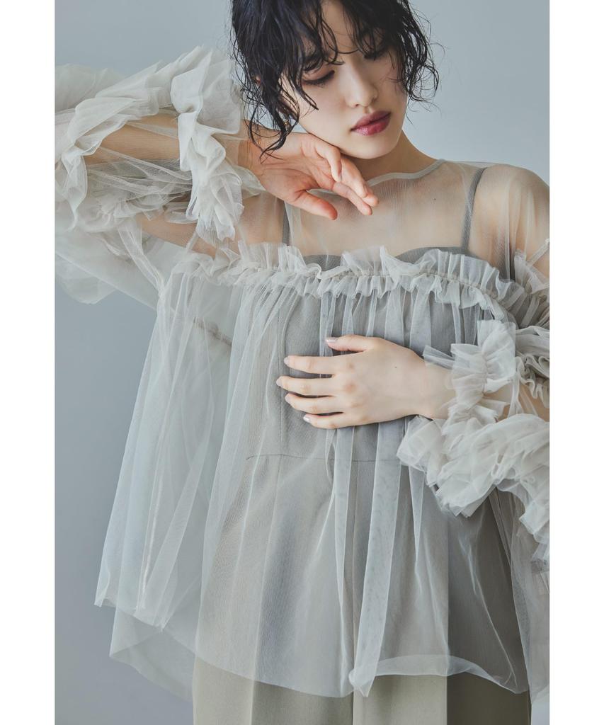 niana Sheer Tulle Ruffle Blouse with Voluminous Layered Shirt Dot Perfect for and Formal Size F Women's Sleeves, Top, Pattern, Parties, Weddings,