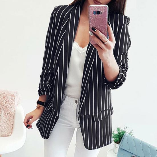 Fashion Autumn Women Stripe Lapel Long Sleeve Slim Fit Blazer Suit Jacket Coat