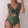 Women Swimsuit Ruffle V Neck with Front Tie and High Waist Cutout Design for Beach or Poolwear