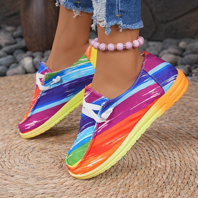 2025 New Plus-size Lace-up Color Low-top Shoes Women's Ethnic Style Graffiti Lazy Canvas Flat Shoes