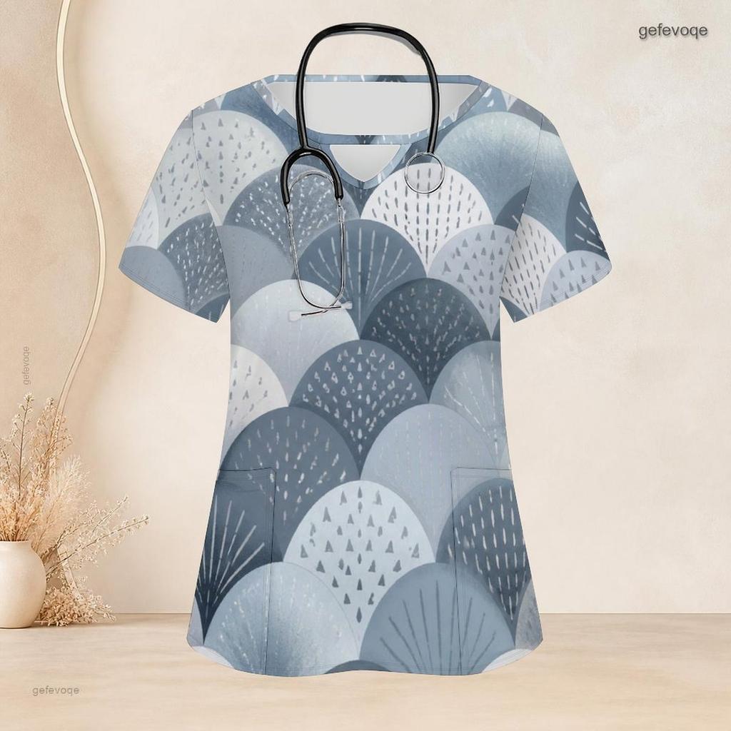 Women Plus Size Abstract Printed Nurse Scrub Top Keyhole Neck Short Sleeve With Front Pockets