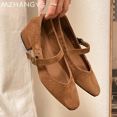 Fashion Suede Women Mary Jane Mid Heels Casual Shallow Shoes Woman 2025 Trend Autumn Dress Sandals Pumps New Mujer De Ballet Zapatillas