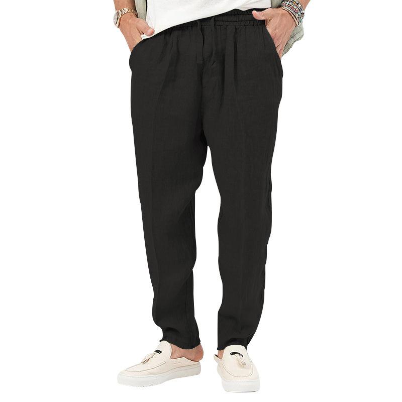 New Thin Section of Men's Fashion Large Size Solid Colour Leisure Drawstring Cotton Linen Trousers Breathable Trousers