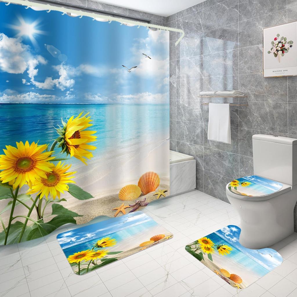 Shower Curtain And Bathroom Carpet Non-Slip Toilet Set, Home Bathtub Waterproof Shower Curtain 3D Printed Durable Polyester Fabr