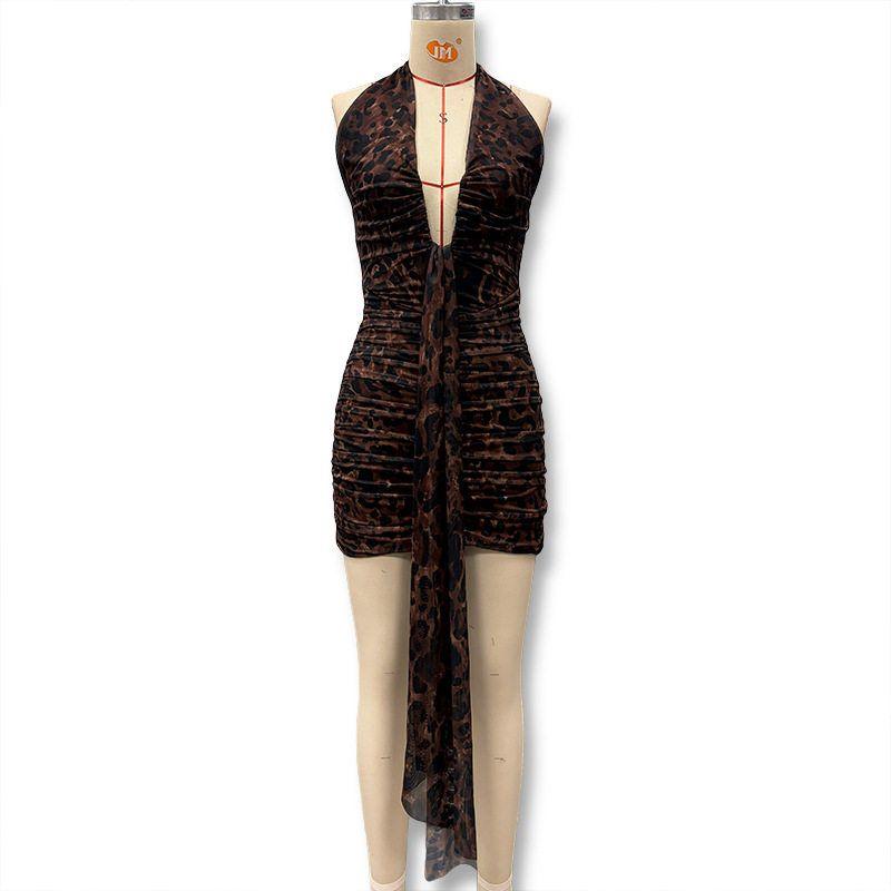 

Foreign Trade Autumn and Winter New Women s Clothing Sexy Deep V-Neck Backless Halter Dress Hot Girl Leopard Print Slim Fit Bodycon Dress Leopard print M