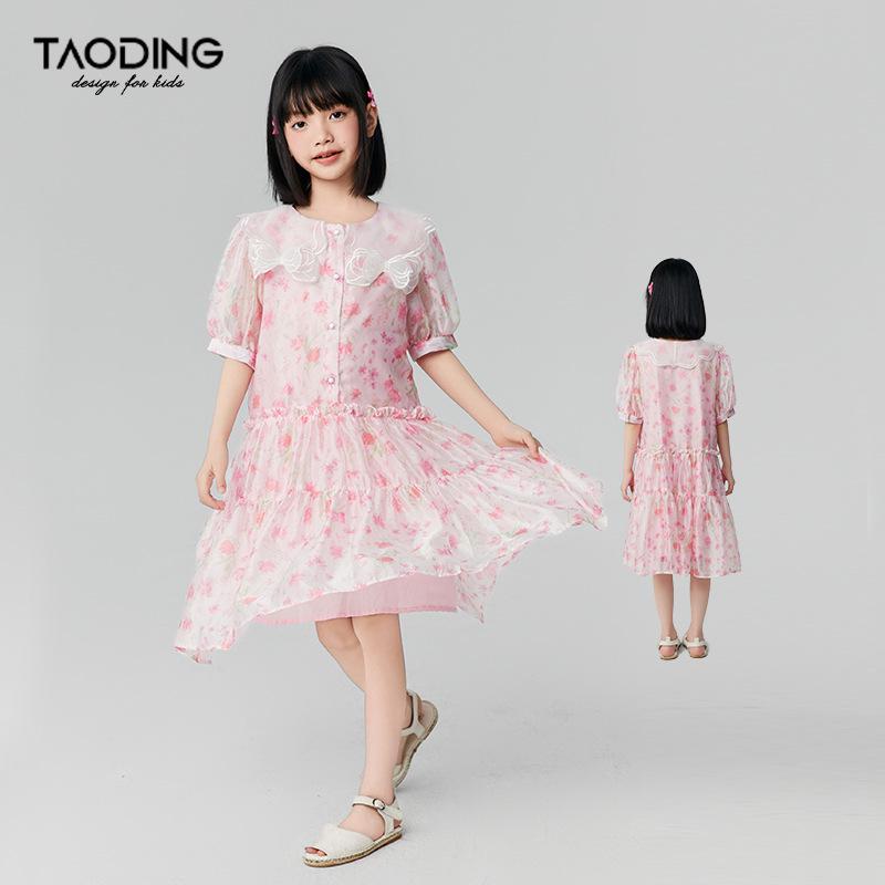 2025 Summer Girls Sweet Doll Collar Floral Dress, Soft and Cool Touch Gauze 160 cm