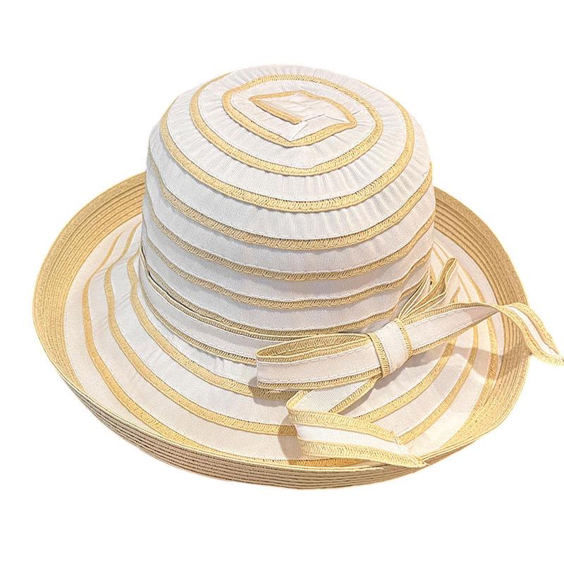 Foldable summer striped bow sunshade sunscreen bucket hat women's new big brim fishing fashion versatile hat