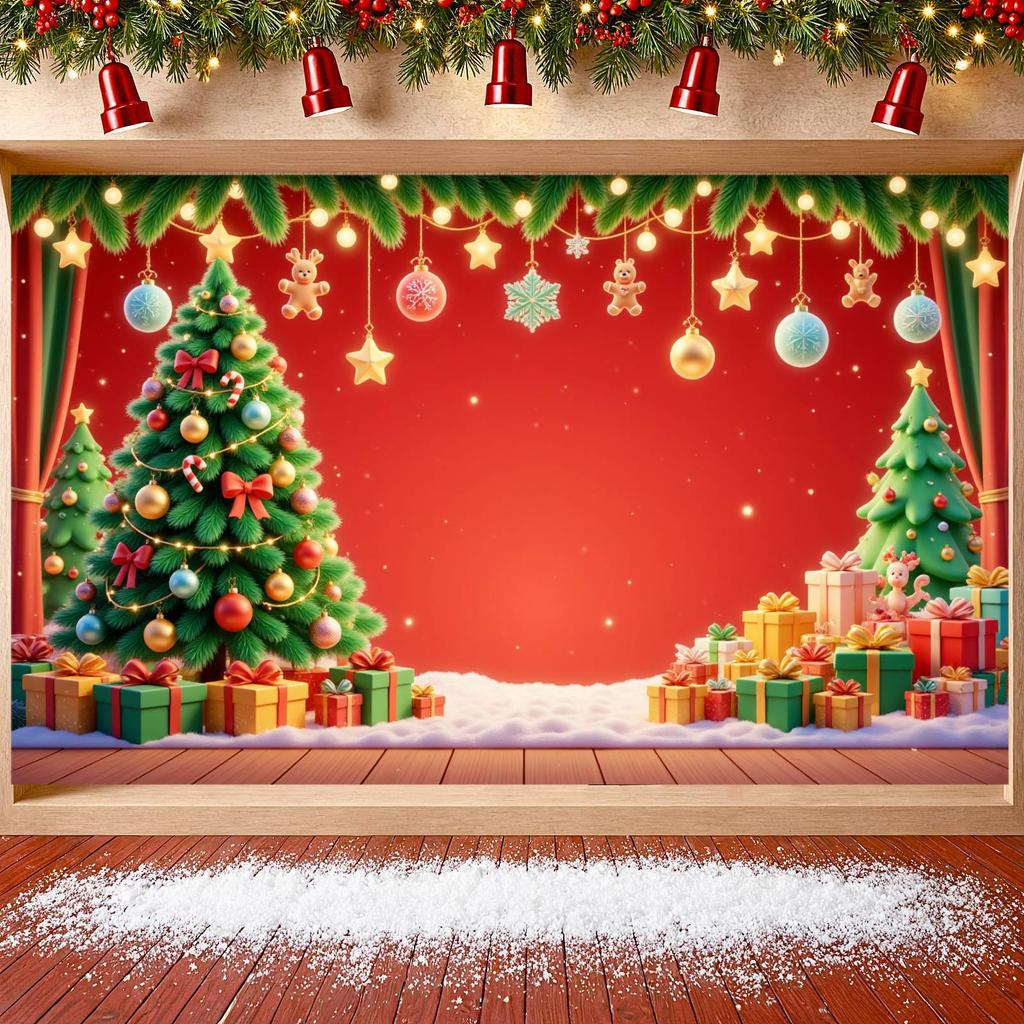 Christmas Banner Xmas Tree Gift Boxes Golden Bell Merry Christmas Party Decor Backdrop Christmas New Year Party Photo Background