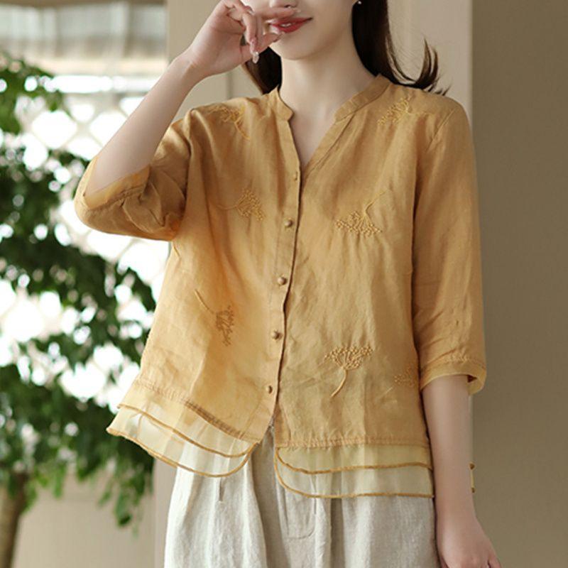 New retro cotton and linen shirt women's literary cardigan embroidered shirt temperament splicing design sense thin top