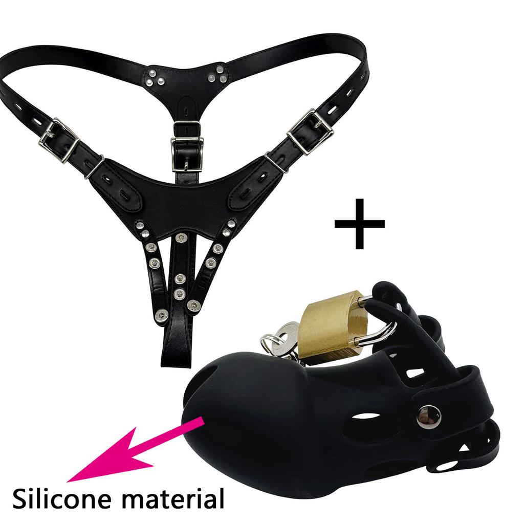 Black Leather Male Chastity Belt - Adjustable Strap-On Pants with Lock for Silicone Cock Cage
