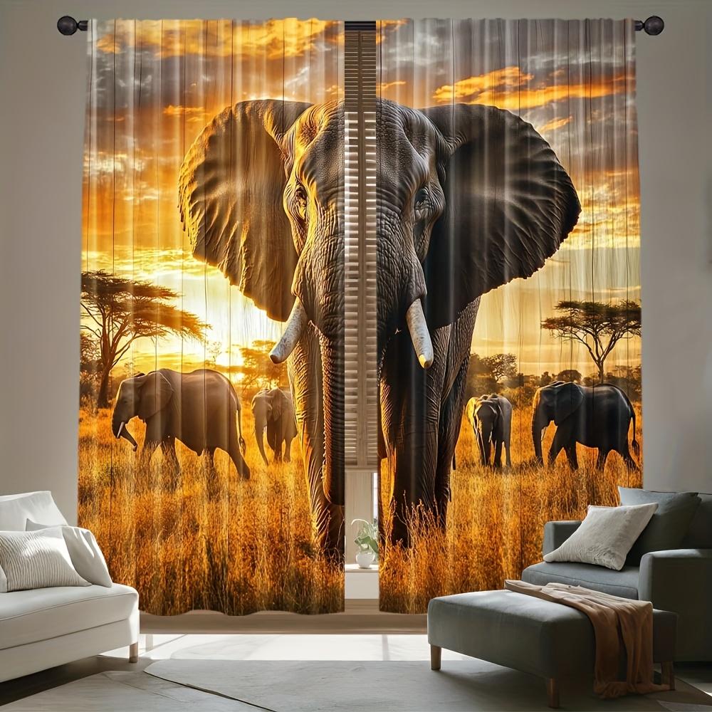 2PCS Animal Curtains, Elephant Grassland Sunset, Digital Print, Bedroom Living Room, Office, Kitchen, Window Treatment