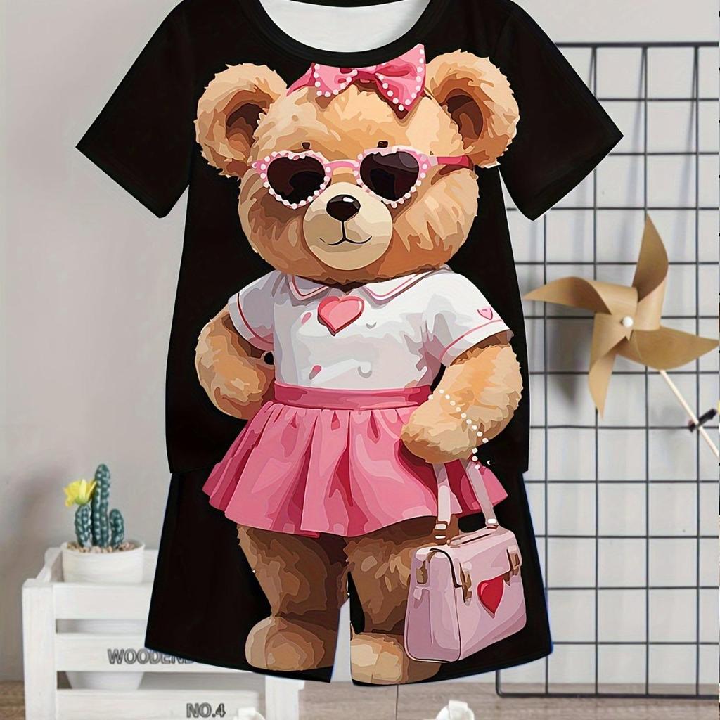Children's Clothing 2-piece Set, Boys' Fun Cartoon Bear Print Short Sleeved T-shirt Shorts Set, Summer Sports
