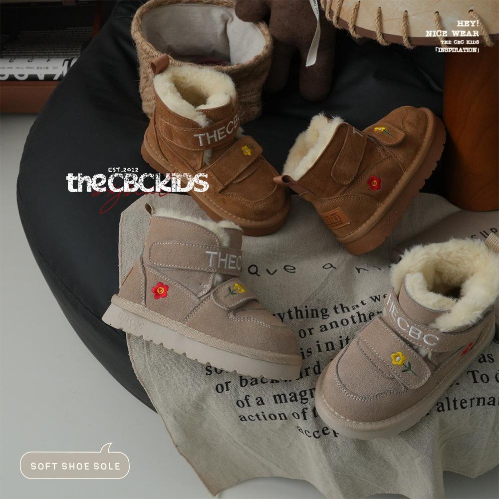 XSHX Retro "embroidered Wool Mouth" Children's Cold-proof Leather Snow Boots Winter Girls Velcro 249091