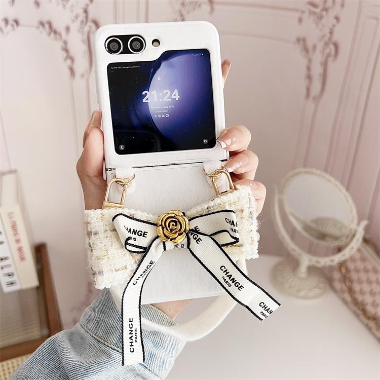 Applicable Samsung ZFlip7 mink plush phone case zflip6 bow camellia lanyard portable protective case