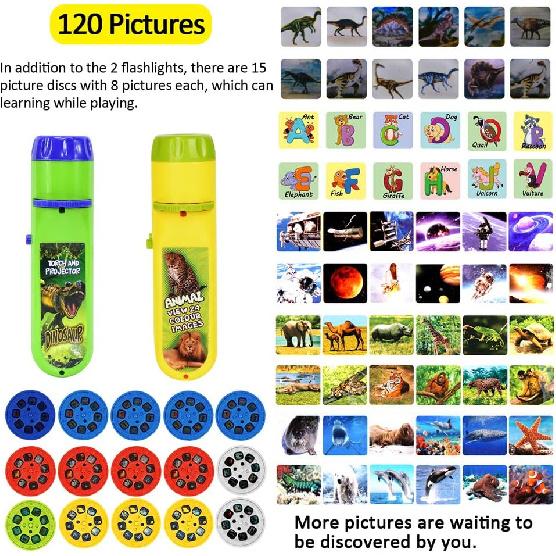Torch Projector Projection Lighting Story Torches Light Toy Slide Lamp Educational Learning Bedtime Night Light for Children (120 Images, 5 Themes,