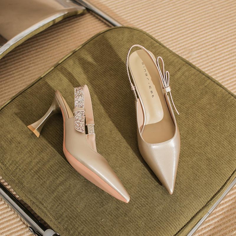 73217 [sheepskin] High Heels Women's Thin Heels 2025 New Bag Head Empty Sandals French Pointed Single Shoes