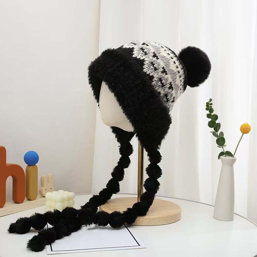 Fleece Lined Fleece Knit Beanie Fur Brim Earflap Winter Cap Pompom Braids Hat  Skiing